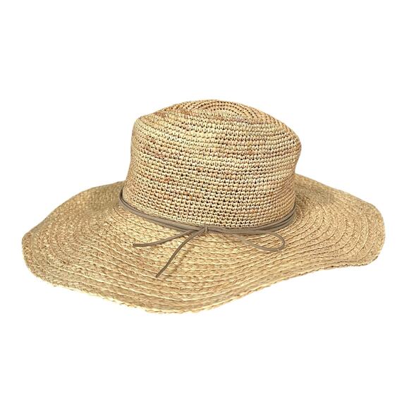 Hat Attack Womens Straw Raffia Sun Hat Wide Brim Beige Gray Leather Band - Picture 1 of 8